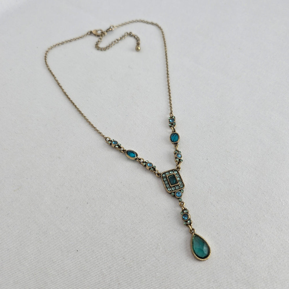 Vintage Teal Rhinestone Y-Drop Statement Necklace