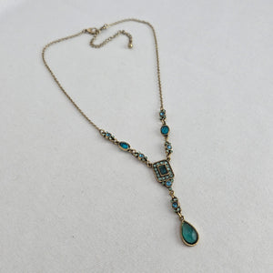 Vintage Teal Rhinestone Y-Drop Statement Necklace