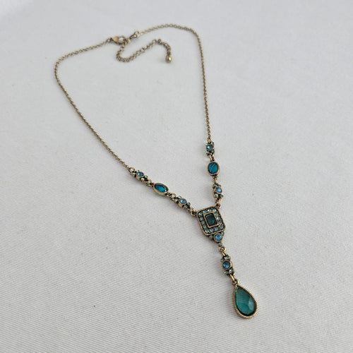 Vintage Teal Rhinestone Y-Drop Statement Necklace