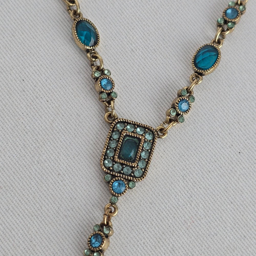 Vintage Teal Rhinestone Y-Drop Statement Necklace