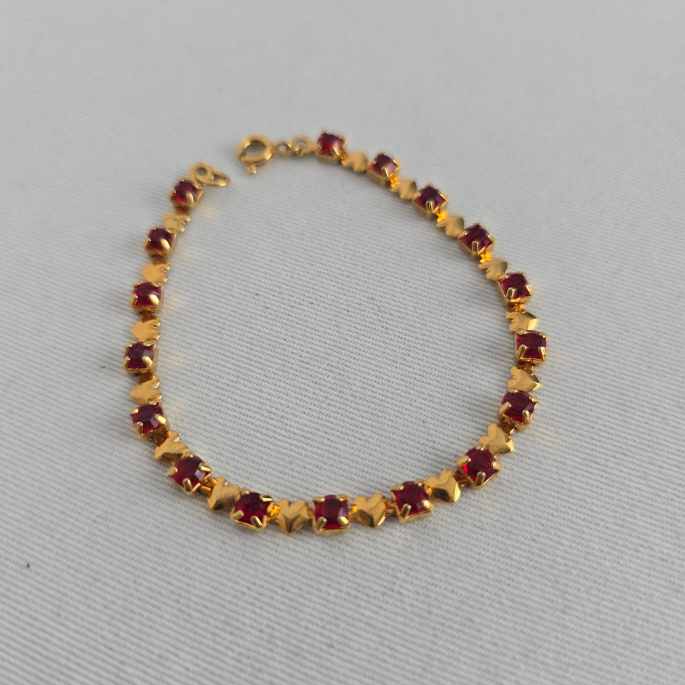 Vintage Red & Gold-Tone Crystal Heart Link Tennis Bracelet
