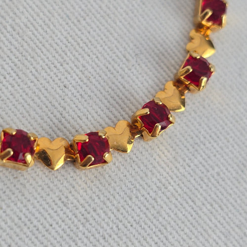 Vintage Red & Gold-Tone Crystal Heart Link Tennis Bracelet