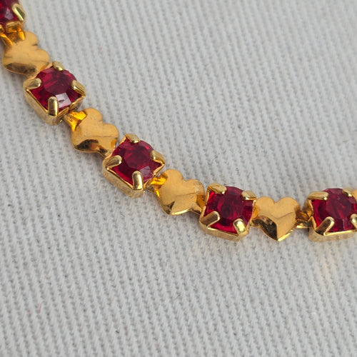 Vintage Red & Gold-Tone Crystal Heart Link Tennis Bracelet