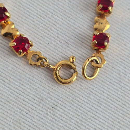 Vintage Red & Gold-Tone Crystal Heart Link Tennis Bracelet