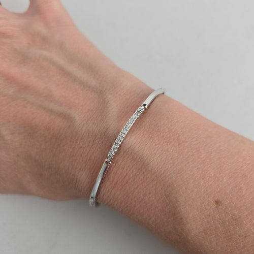 Silver-Tone Clear Crystal Bar Link Bracelet with Safety Chain