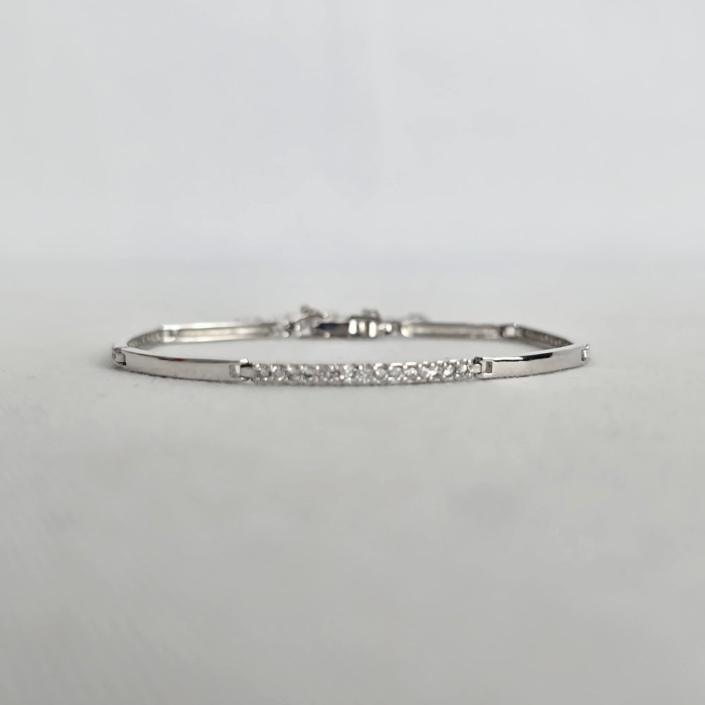 Silver-Tone Clear Crystal Bar Link Bracelet with Safety Chain