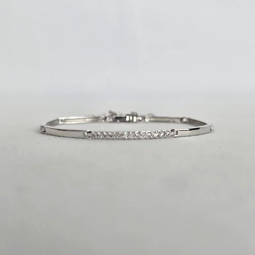 Silver-Tone Clear Crystal Bar Link Bracelet with Safety Chain