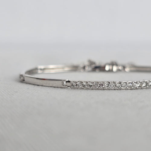 Silver-Tone Clear Crystal Bar Link Bracelet with Safety Chain