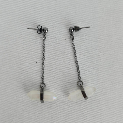 Gunmetal-Tone Iridescent White Crystal Stone Chain Drop Earrings