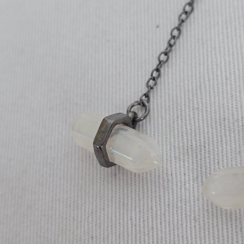 Gunmetal-Tone Iridescent White Crystal Stone Chain Drop Earrings