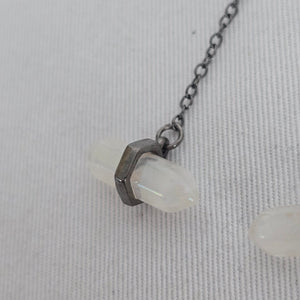 Gunmetal-Tone Iridescent White Crystal Stone Chain Drop Earrings