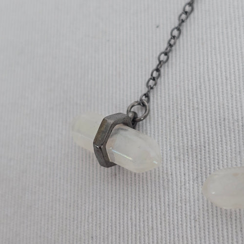 Gunmetal-Tone Iridescent White Crystal Stone Chain Drop Earrings