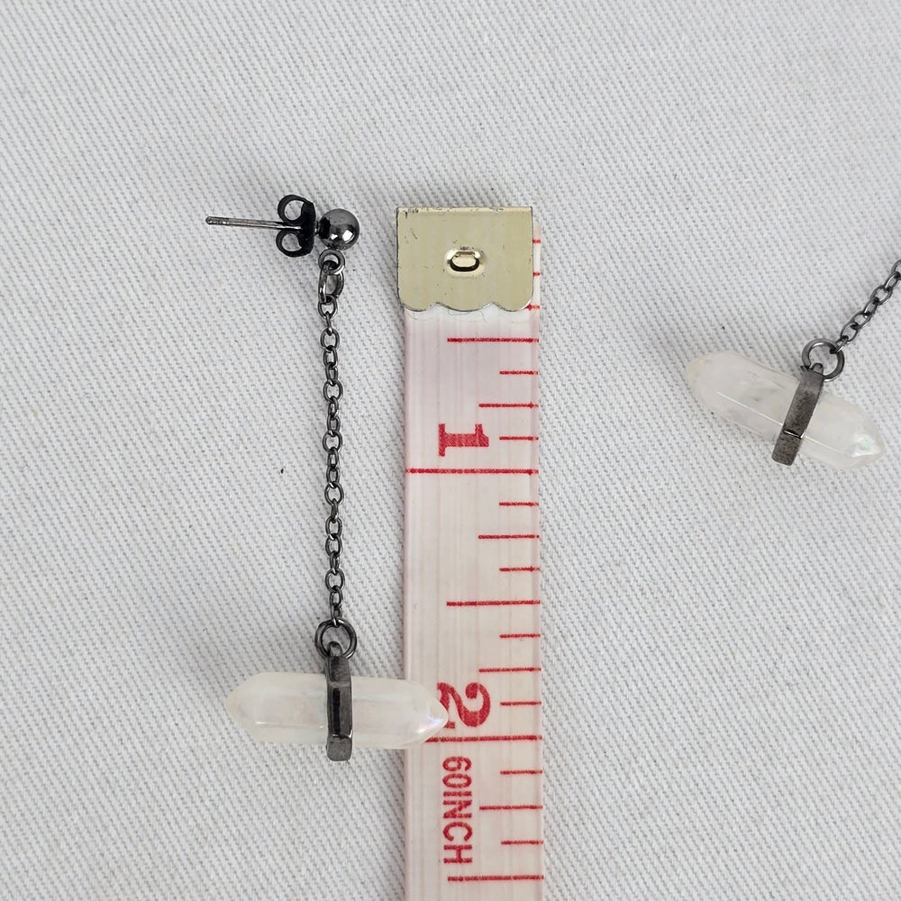 Gunmetal-Tone Iridescent White Crystal Stone Chain Drop Earrings