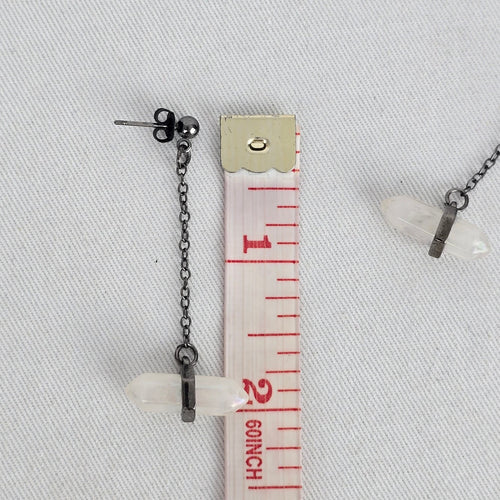 Gunmetal-Tone Iridescent White Crystal Stone Chain Drop Earrings