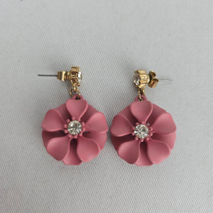 Pink Flower Drop Earrings Gold-Tone Clear Crystal Dangle Studs