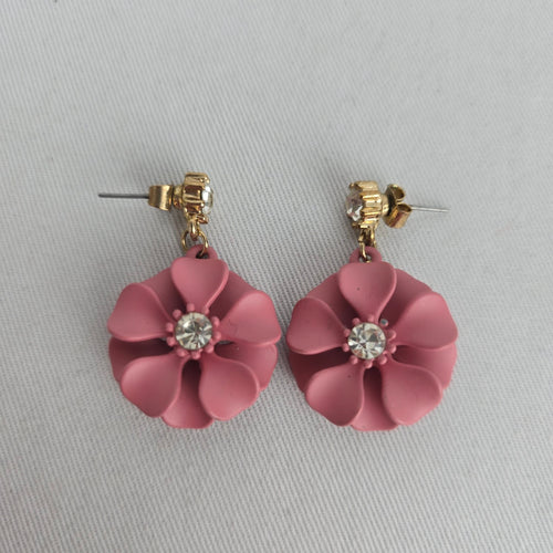 Pink Flower Drop Earrings Gold-Tone Clear Crystal Dangle Studs