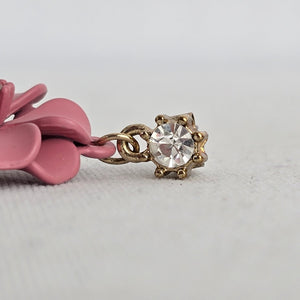 Pink Flower Drop Earrings Gold-Tone Clear Crystal Dangle Studs