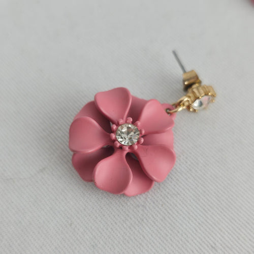 Pink Flower Drop Earrings Gold-Tone Clear Crystal Dangle Studs