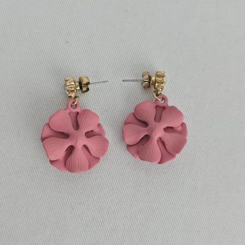 Pink Flower Drop Earrings Gold-Tone Clear Crystal Dangle Studs