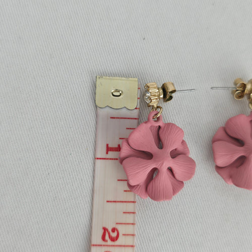 Pink Flower Drop Earrings Gold-Tone Clear Crystal Dangle Studs