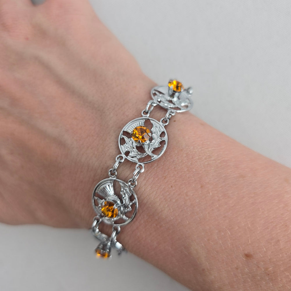 Vintage Mizpah Scottish Thistle Bracelet — Silver-Tone with Citrine Glass Stones
