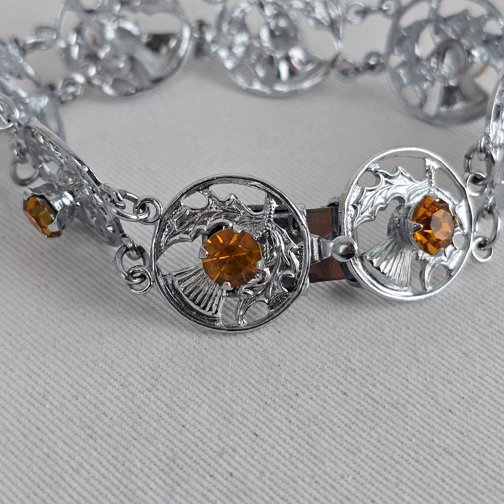 Vintage Mizpah Scottish Thistle Bracelet — Silver-Tone with Citrine Glass Stones