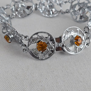 Vintage Mizpah Scottish Thistle Bracelet — Silver-Tone with Citrine Glass Stones