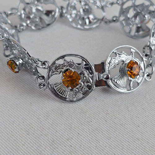 Vintage Mizpah Scottish Thistle Bracelet — Silver-Tone with Citrine Glass Stones