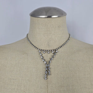 Vintage Coro Silver-Tone Clear Rhinestone Y-Drop Statement Necklace