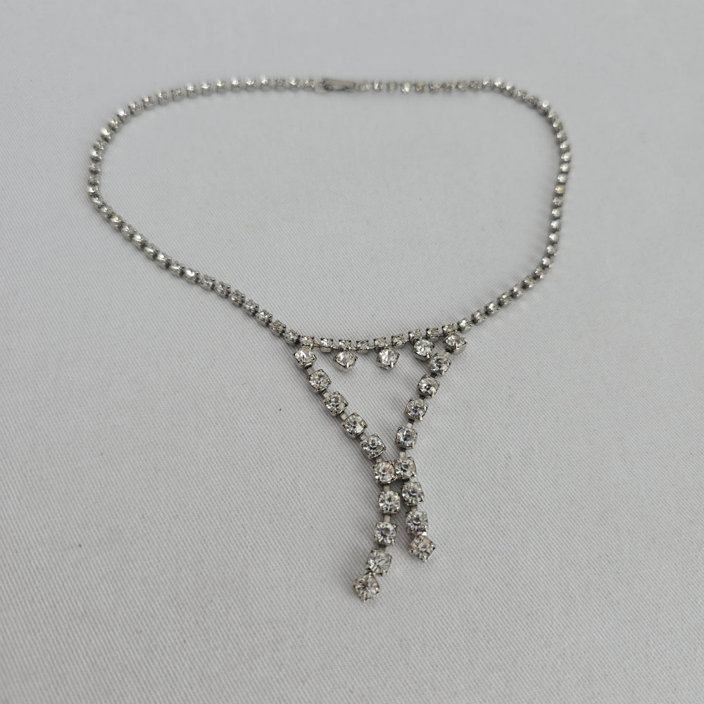 Vintage Coro Silver-Tone Clear Rhinestone Y-Drop Statement Necklace