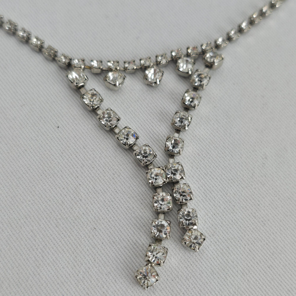 Vintage Coro Silver-Tone Clear Rhinestone Y-Drop Statement Necklace