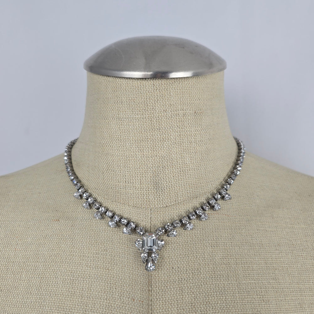 Vintage Silver Tone Clear Rhinestone Statement Drop Necklace