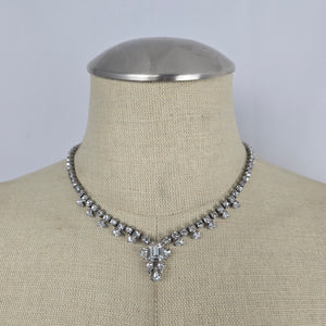 Vintage Silver Tone Clear Rhinestone Statement Drop Necklace