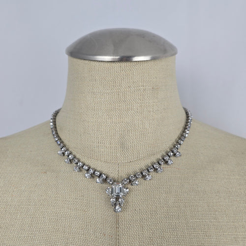 Vintage Silver Tone Clear Rhinestone Statement Drop Necklace