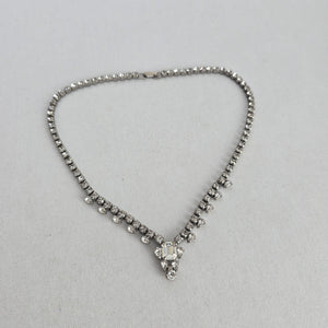 Vintage Silver Tone Clear Rhinestone Statement Drop Necklace