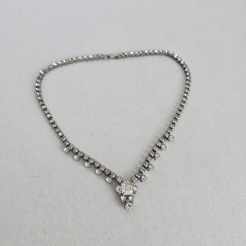 Vintage Silver Tone Clear Rhinestone Statement Drop Necklace