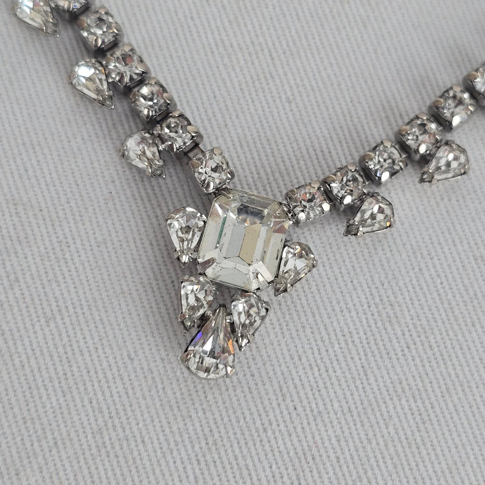 Vintage Silver Tone Clear Rhinestone Statement Drop Necklace