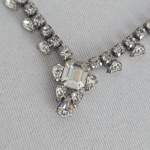 Vintage Silver Tone Clear Rhinestone Statement Drop Necklace