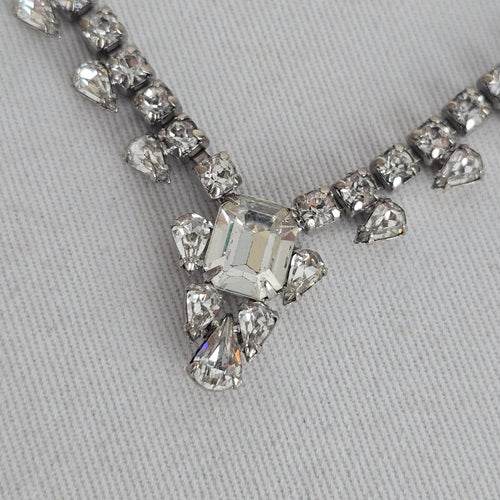 Vintage Silver Tone Clear Rhinestone Statement Drop Necklace