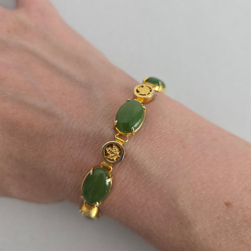 Vintage Gold Tone Green Cabochon Maple Leaf Link Bracelet