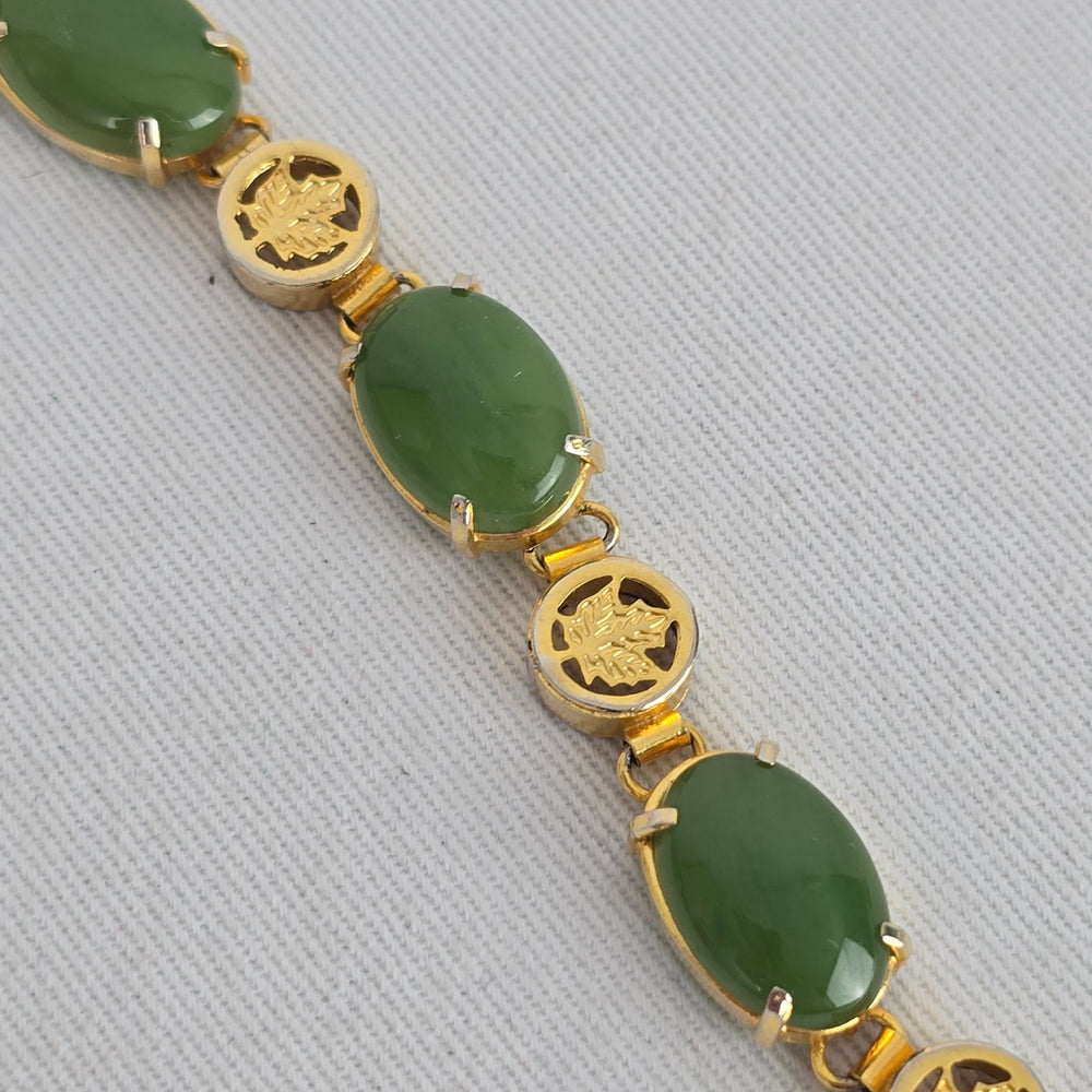 Vintage Gold Tone Green Cabochon Maple Leaf Link Bracelet