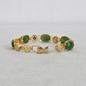 Vintage Gold Tone Green Cabochon Maple Leaf Link Bracelet