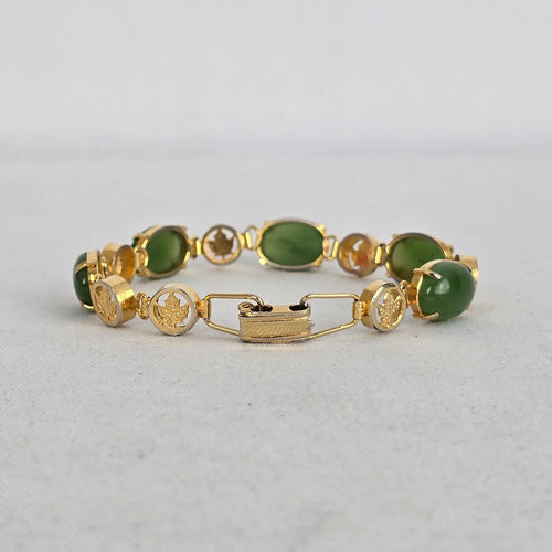 Vintage Gold Tone Green Cabochon Maple Leaf Link Bracelet