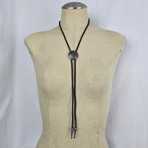 Vintage Black Braided Leather Western Bolo Tie Antique Silver Floral Concho
