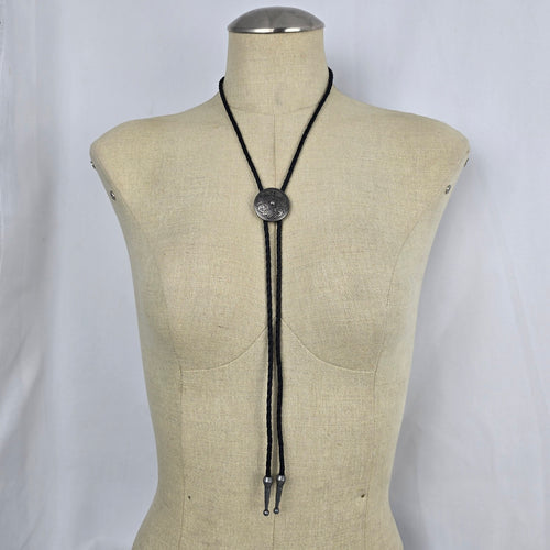 Vintage Black Braided Leather Western Bolo Tie Antique Silver Floral Concho