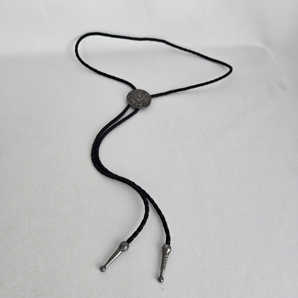 Vintage Black Braided Leather Western Bolo Tie Antique Silver Floral Concho