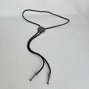 Vintage Black Braided Leather Western Bolo Tie Antique Silver Floral Concho