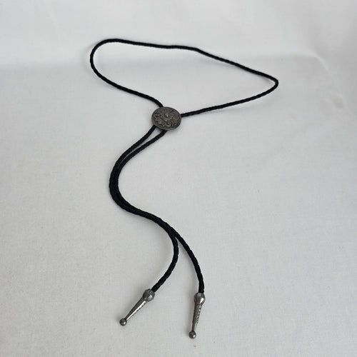 Vintage Black Braided Leather Western Bolo Tie Antique Silver Floral Concho