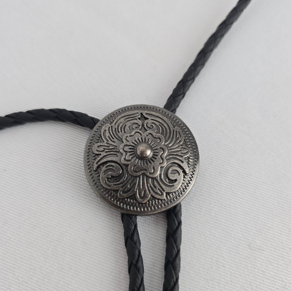 Vintage Black Braided Leather Western Bolo Tie Antique Silver Floral Concho