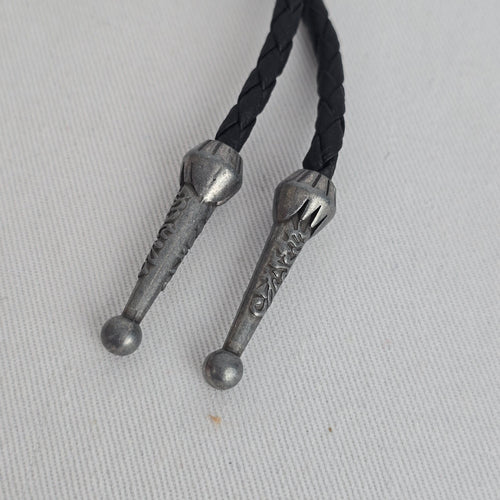 Vintage Black Braided Leather Western Bolo Tie Antique Silver Floral Concho